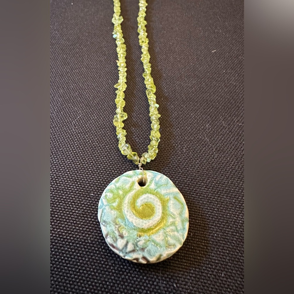 HANDCRAFTED Beaded Necklace with Handpainted Ceramic Pendant 16” adjustable